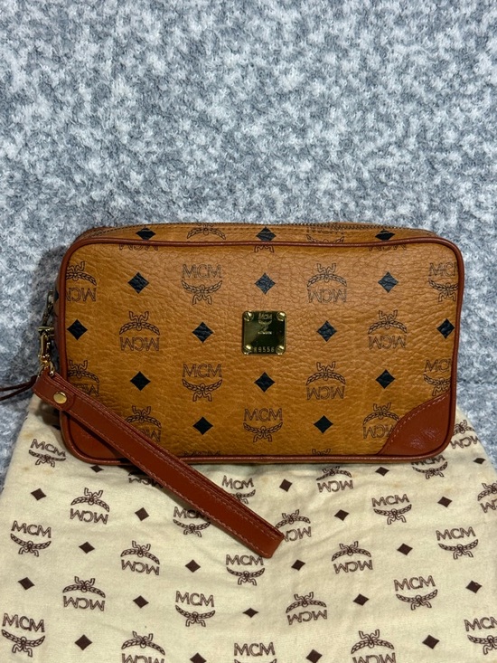 MCM Handbags - MCM Cognac and Navy Visetos Logo Zip Wristlet with Gold Hardware